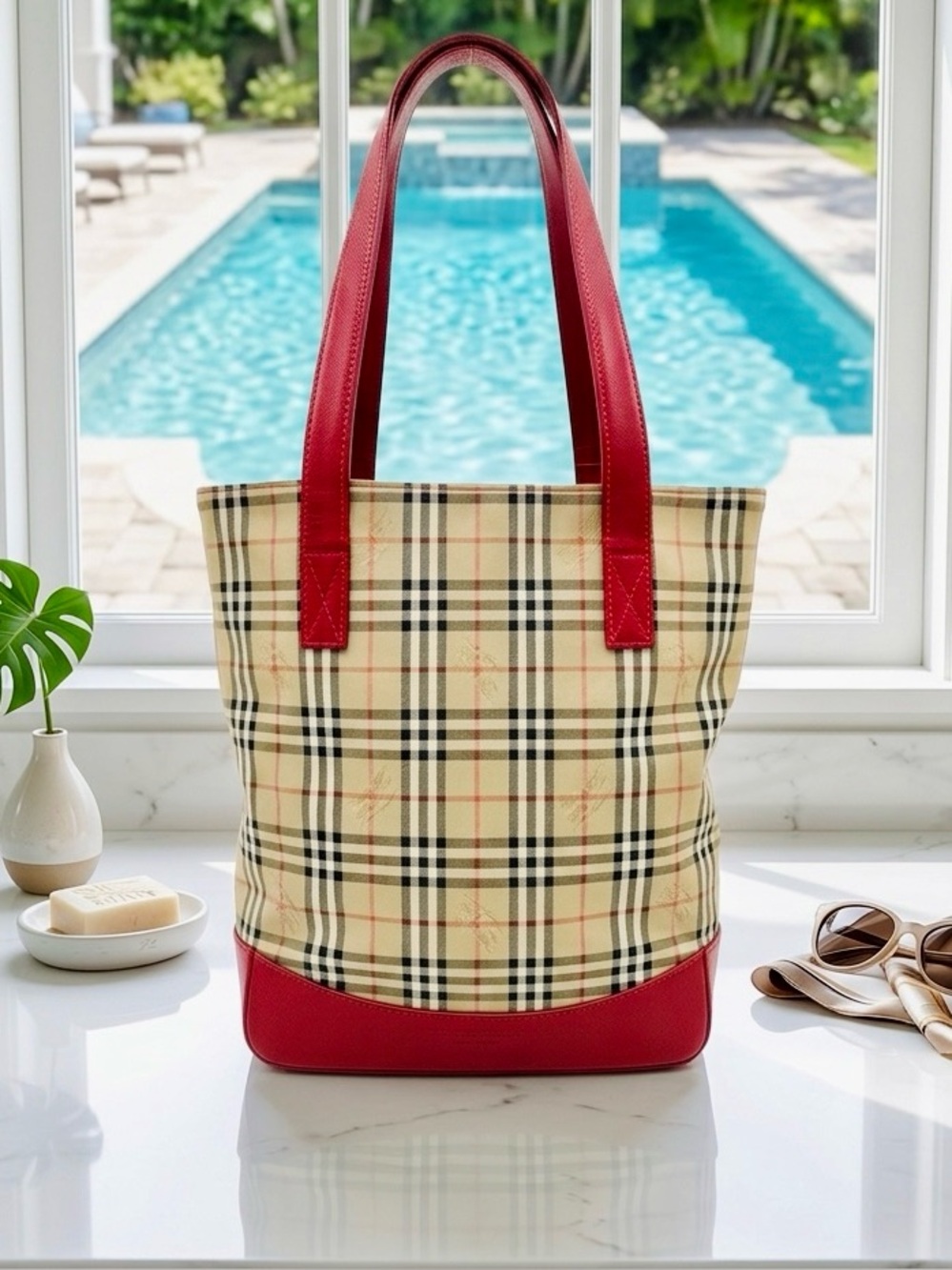 Vintage Burberry Haymarket Check Bucket Tote – Red Saffiano Leather COA